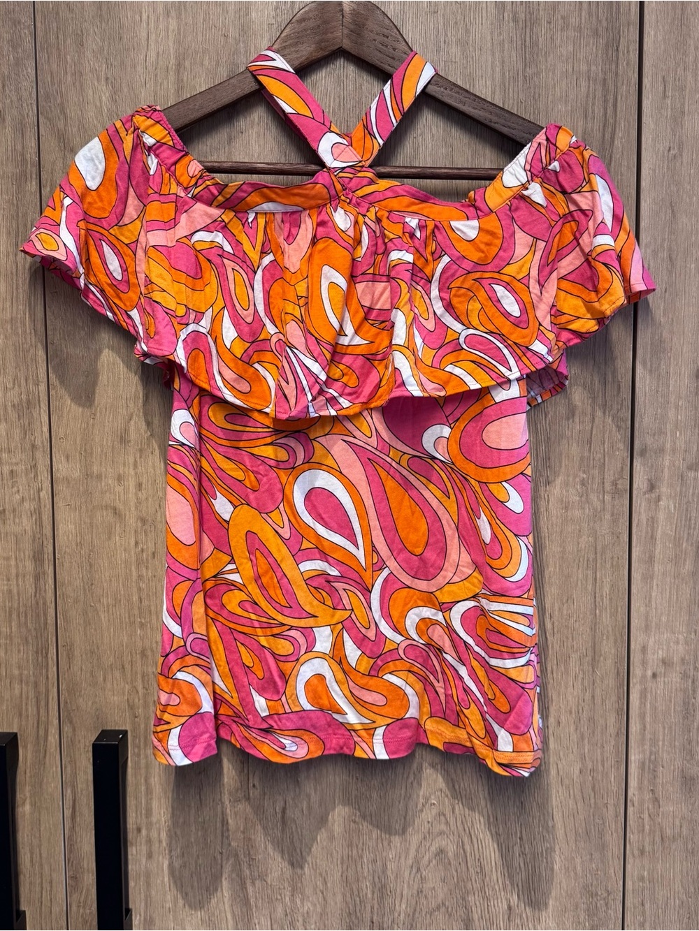 Michael Kors Psychedelic Flounce Pink Orange Off-Shoulder Halter Top 70s XS